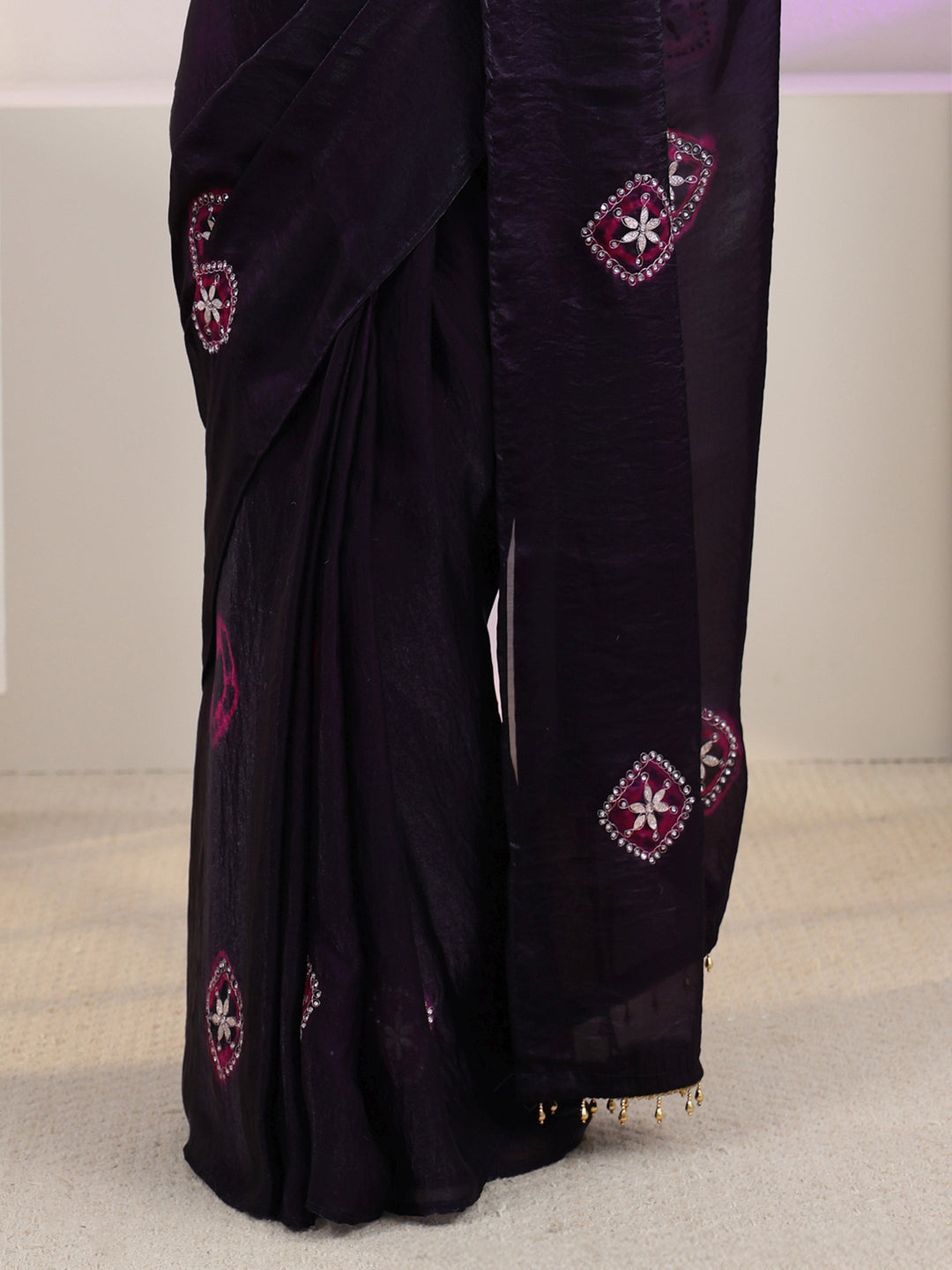 Libas Aubergiene Purple Floral Embroidered Tissue Saree