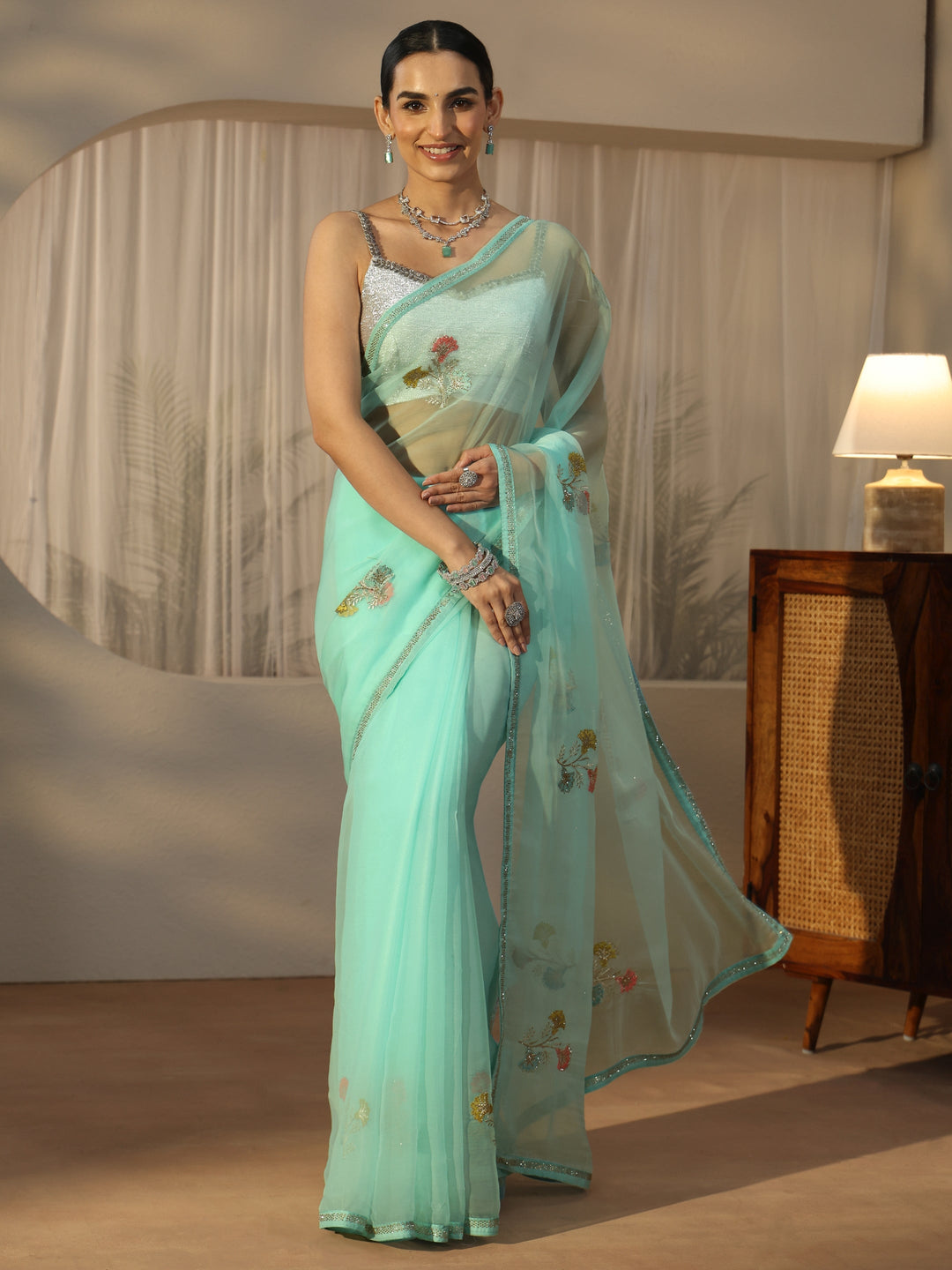 Libas Aqua Blue Floral Embroidered Organza Saree