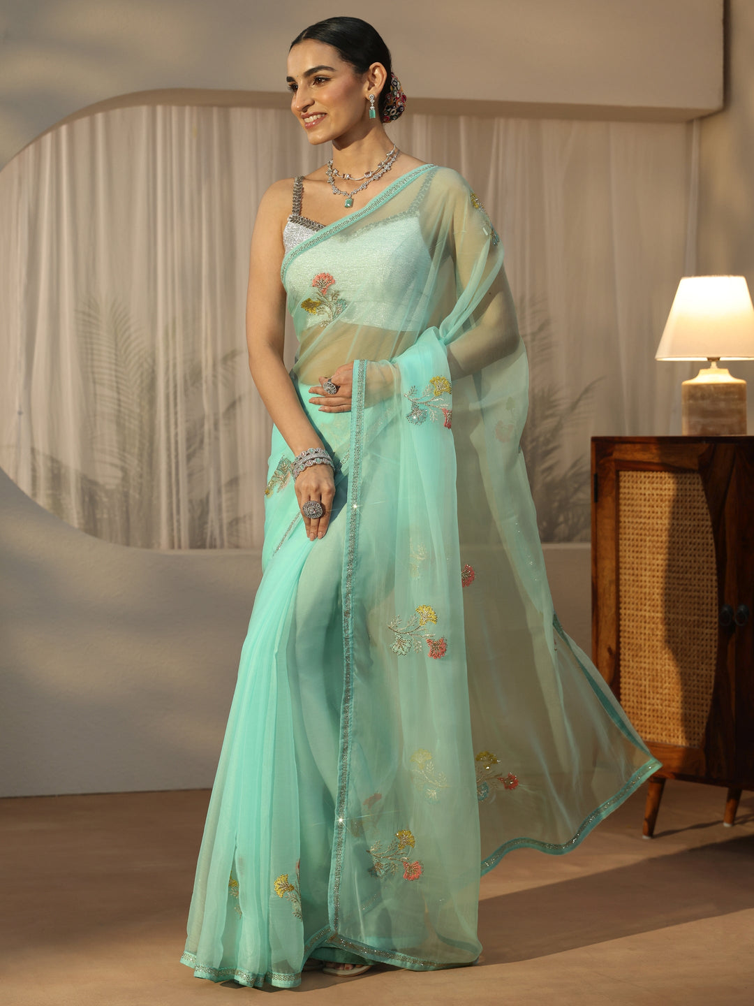 Libas Aqua Blue Floral Embroidered Organza Saree