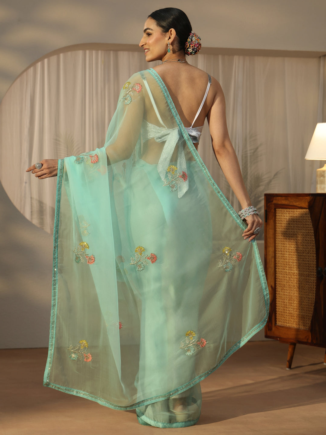 Libas Aqua Blue Floral Embroidered Organza Saree