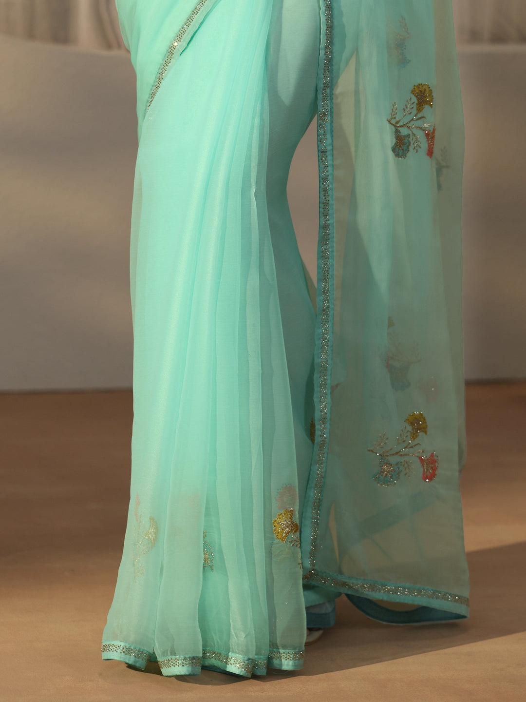 Libas Aqua Blue Floral Embroidered Organza Saree