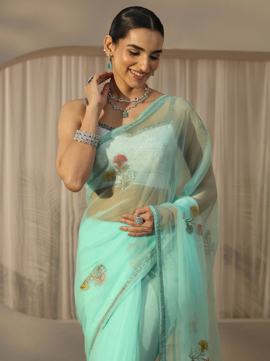 Libas Aqua Blue Floral Embroidered Organza Saree