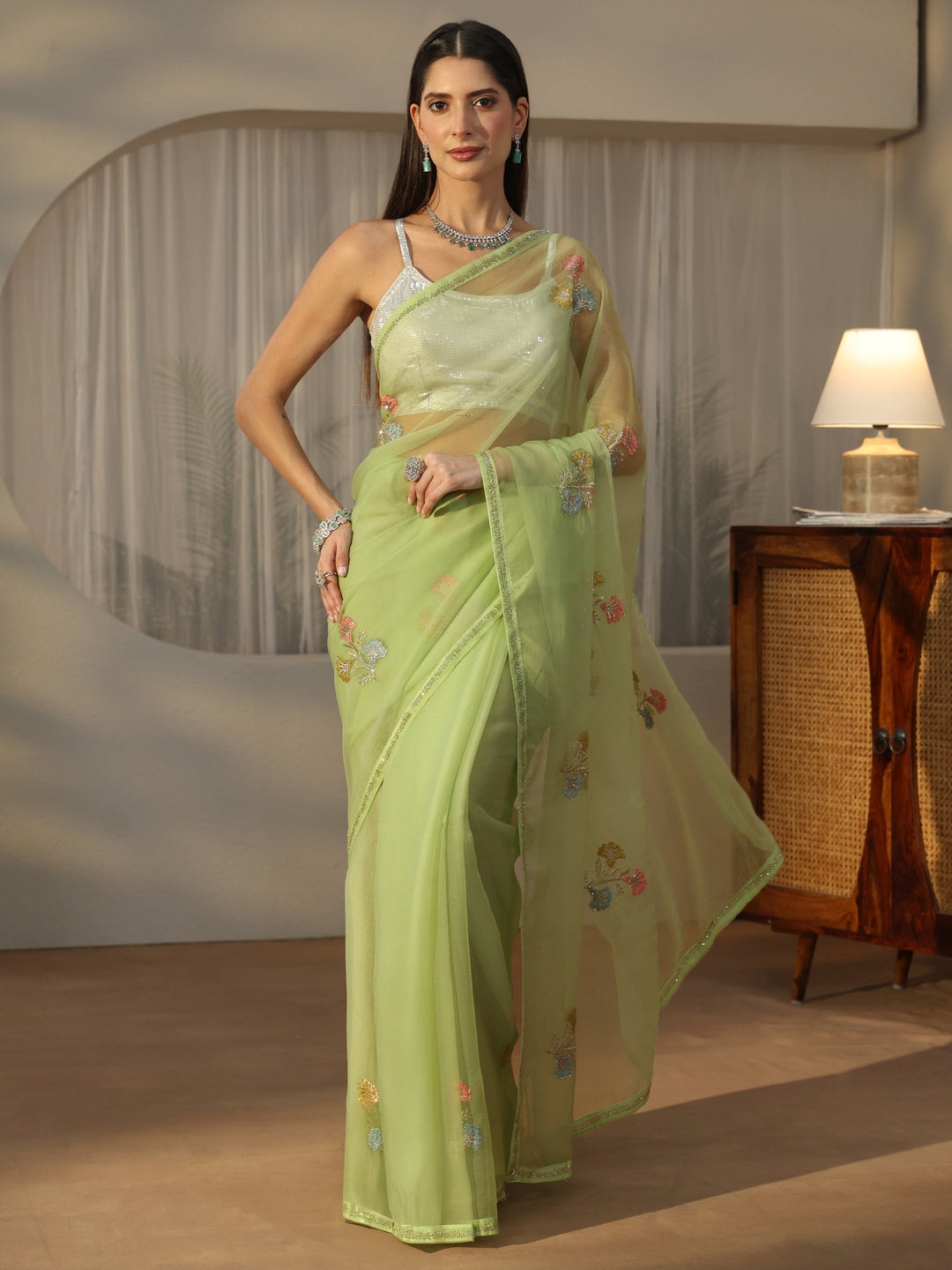 Libas Green Floral Embroidered Organza Saree