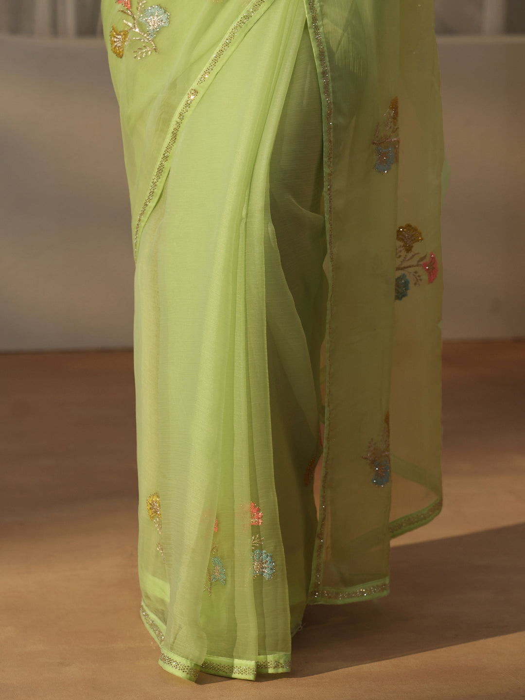 Libas Green Floral Embroidered Organza Saree