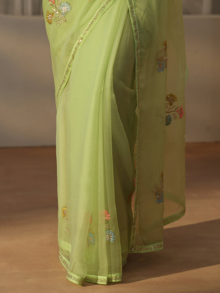 Libas Green Floral Embroidered Organza Saree
