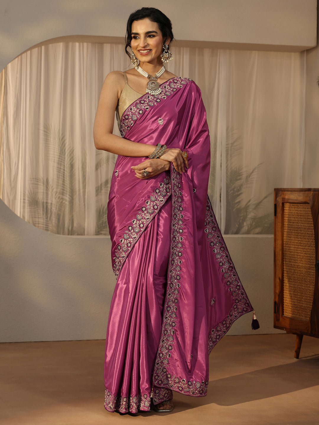 Libas Mauve Floral Embroidered Satin Saree