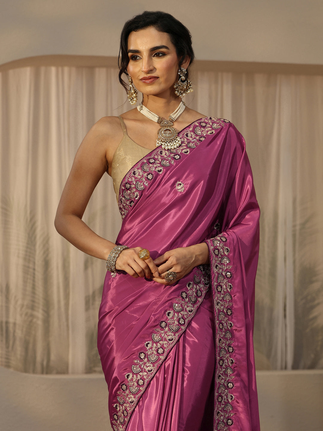 Libas Mauve Floral Embroidered Satin Saree