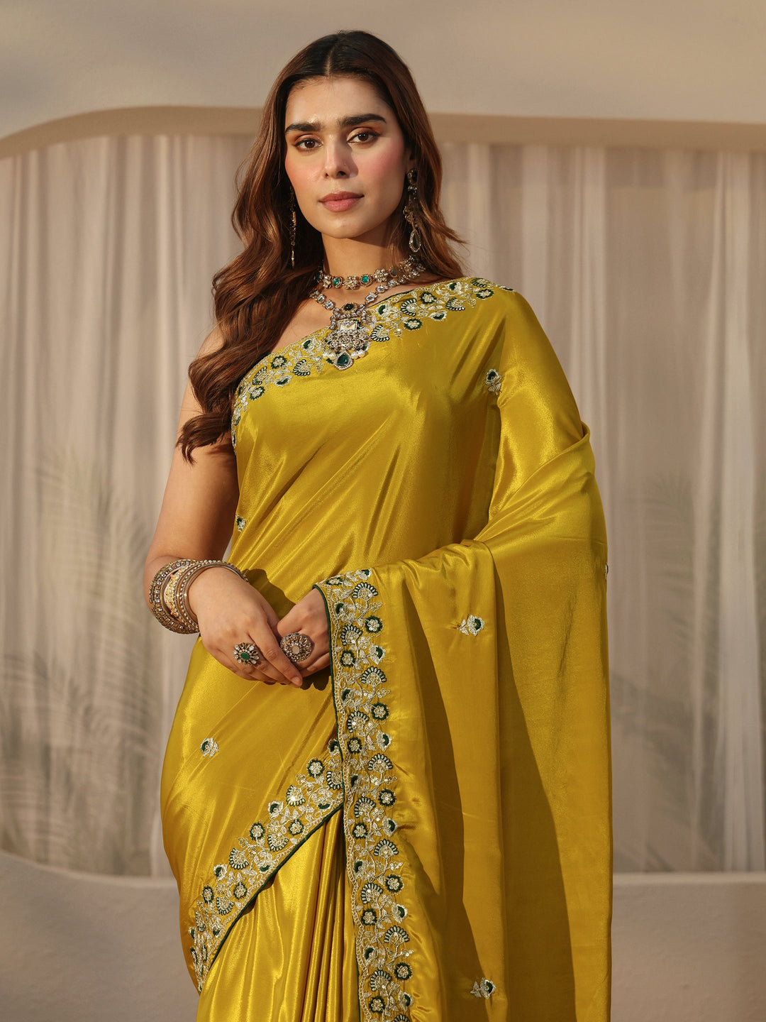 Libas Green Floral Embroidered Satin Saree