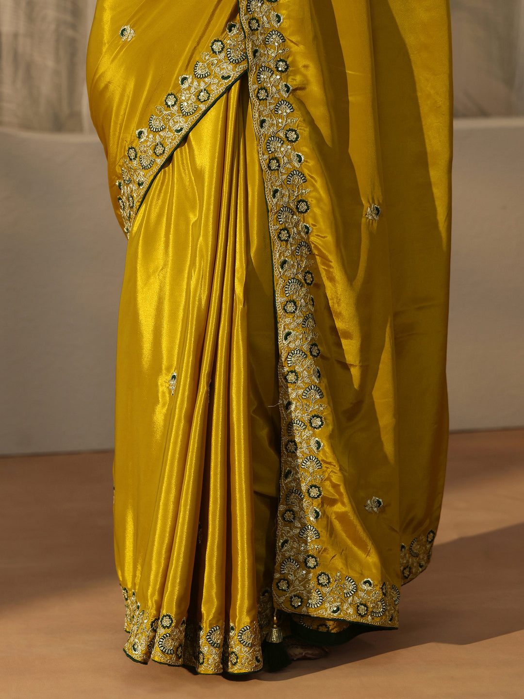 Libas Green Floral Embroidered Satin Saree