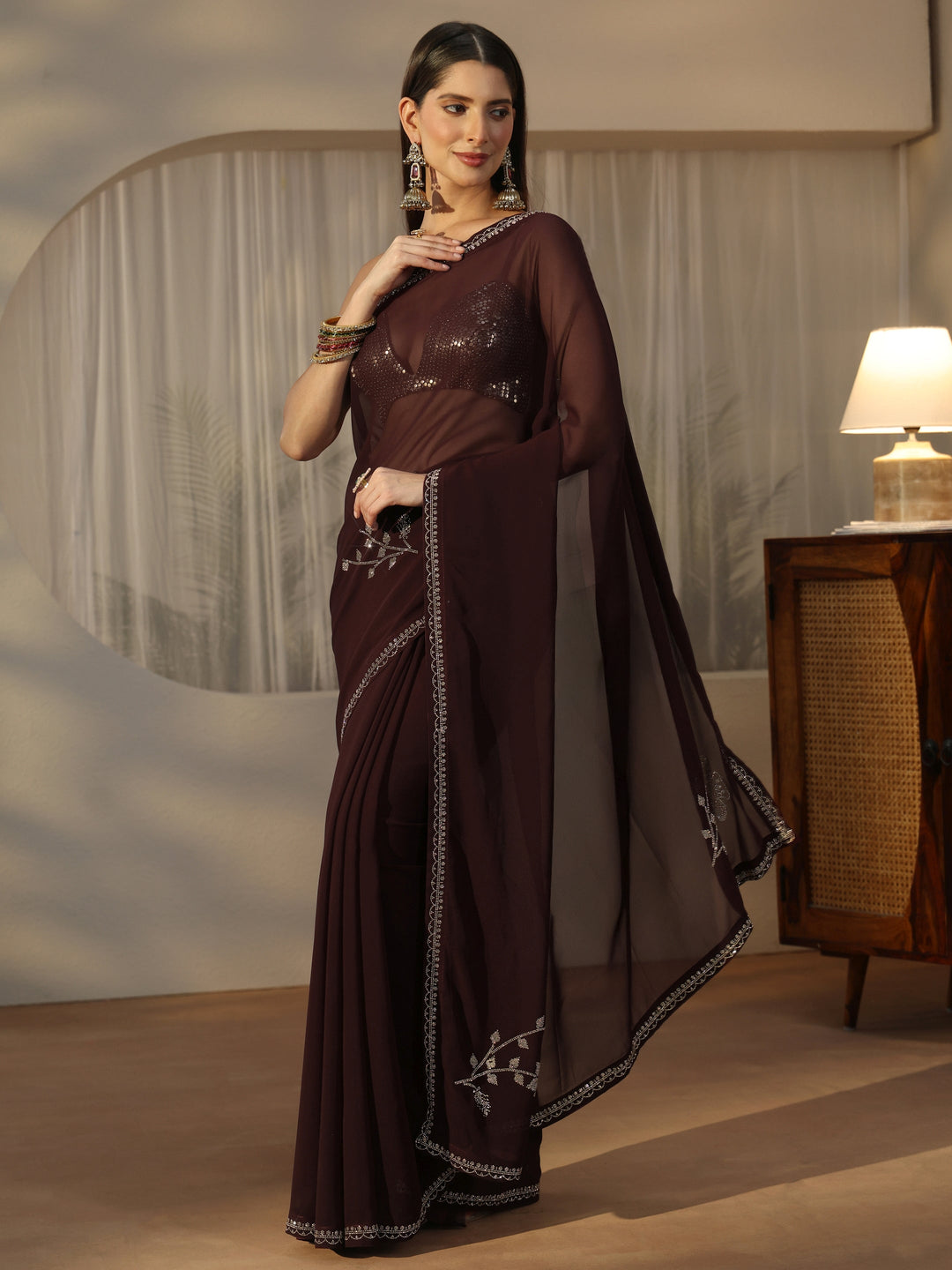 Libas Dark Brown Floral Embellished Georgette Saree