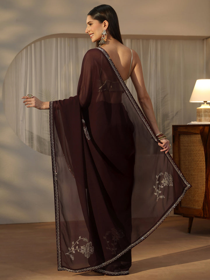 Libas Dark Brown Floral Embellished Georgette Saree