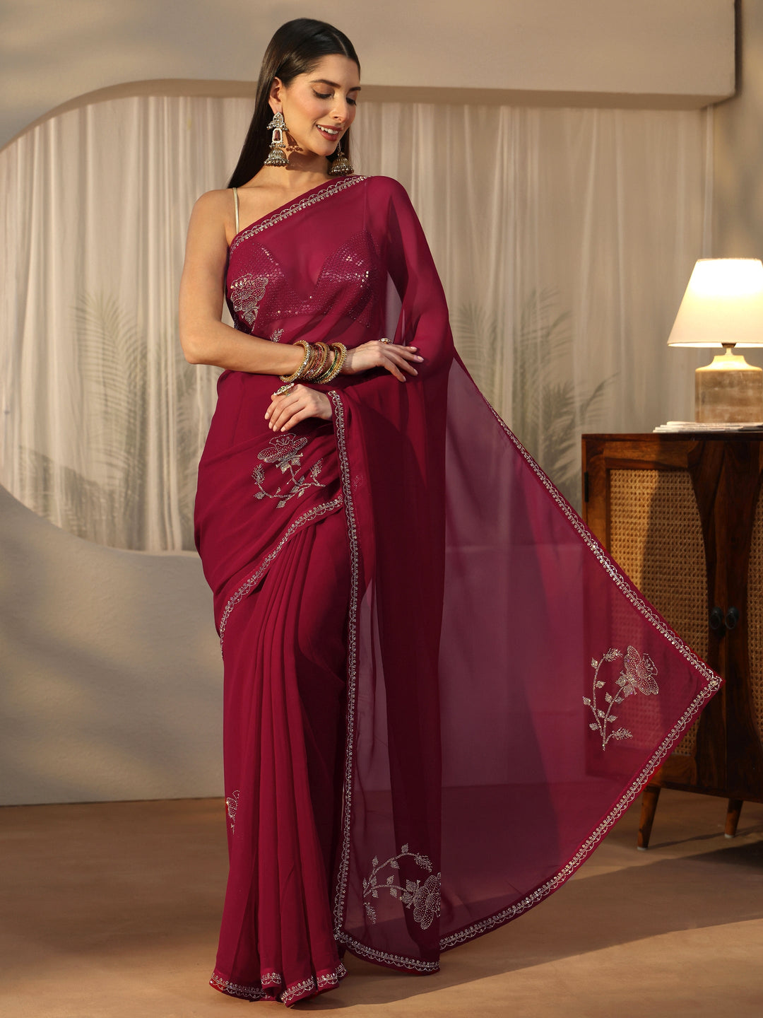 Libas Rani Pink Floral Embellished Georgette Saree
