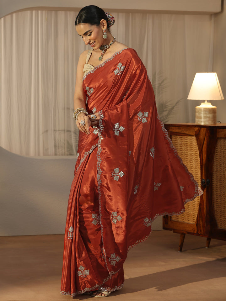 Libas Burnt Orange Floral Embellished Satin Saree