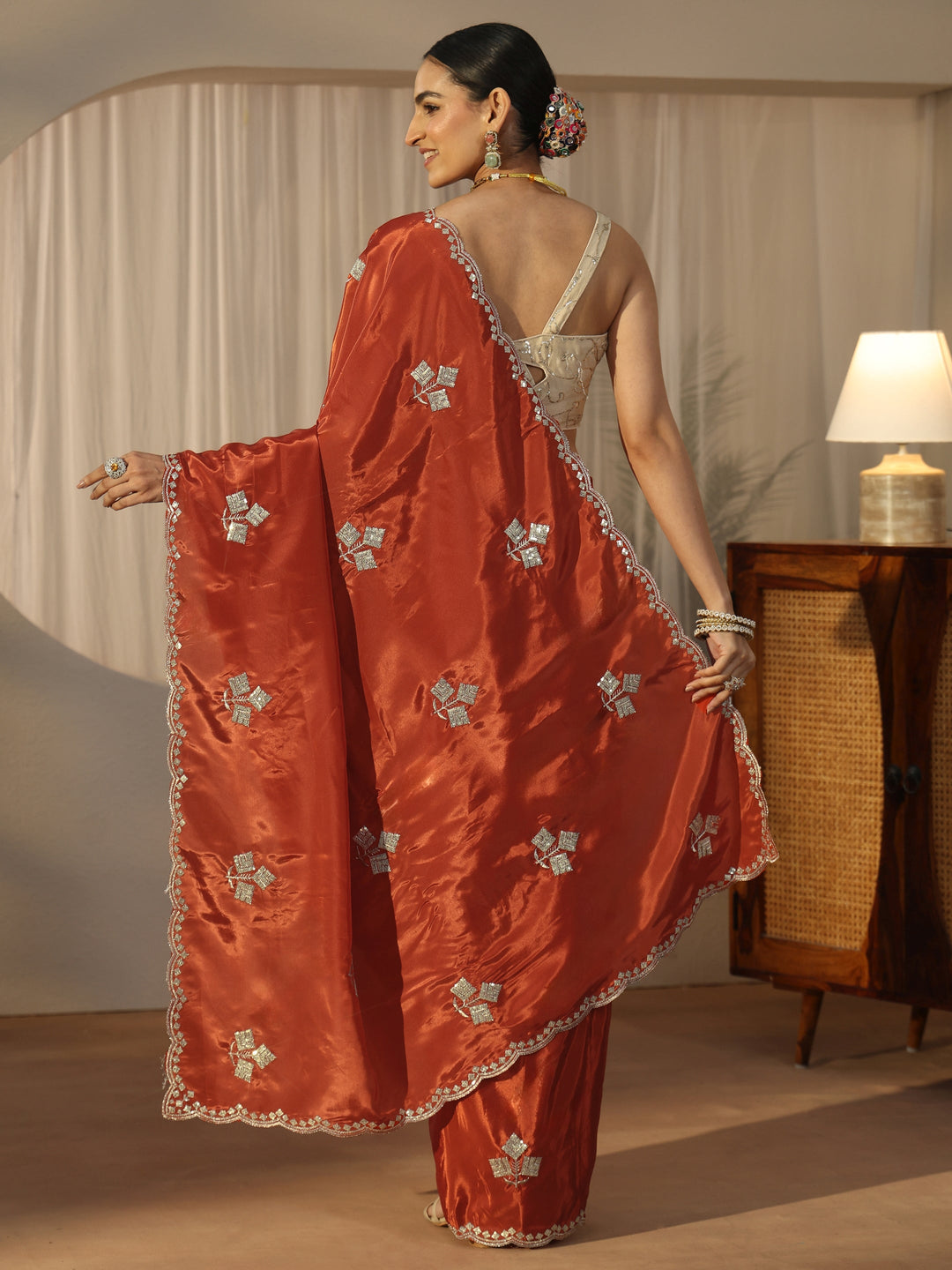 Libas Burnt Orange Floral Embellished Satin Saree