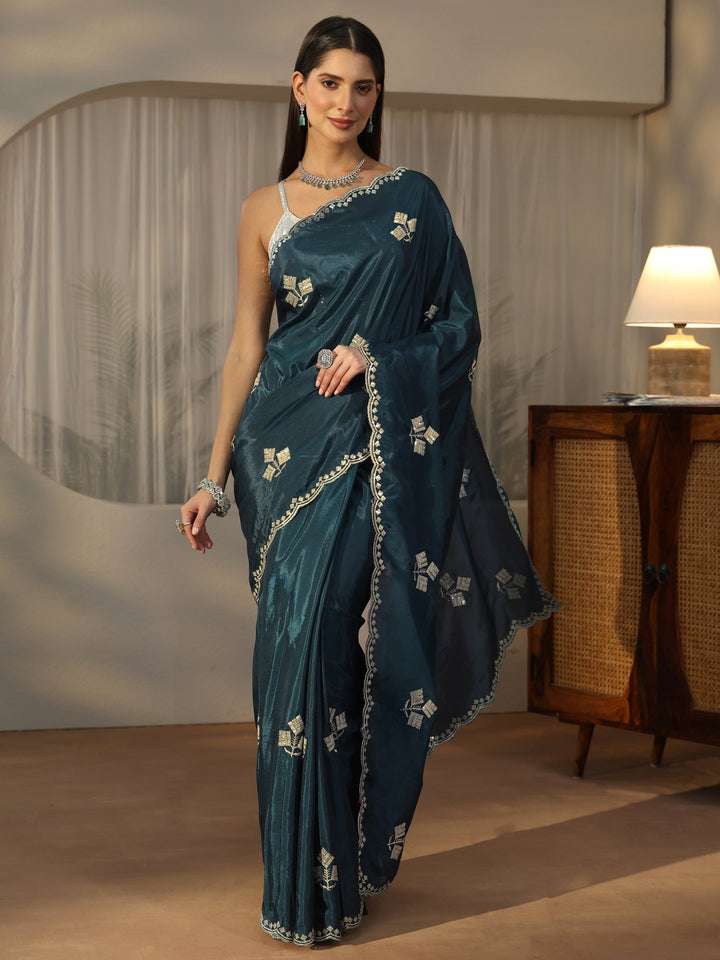 Libas Teal Blue Floral Embellished Satin Saree