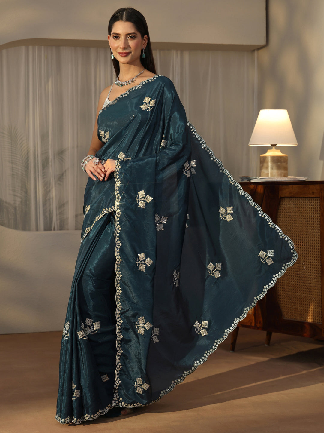 Libas Teal Blue Floral Embellished Satin Saree