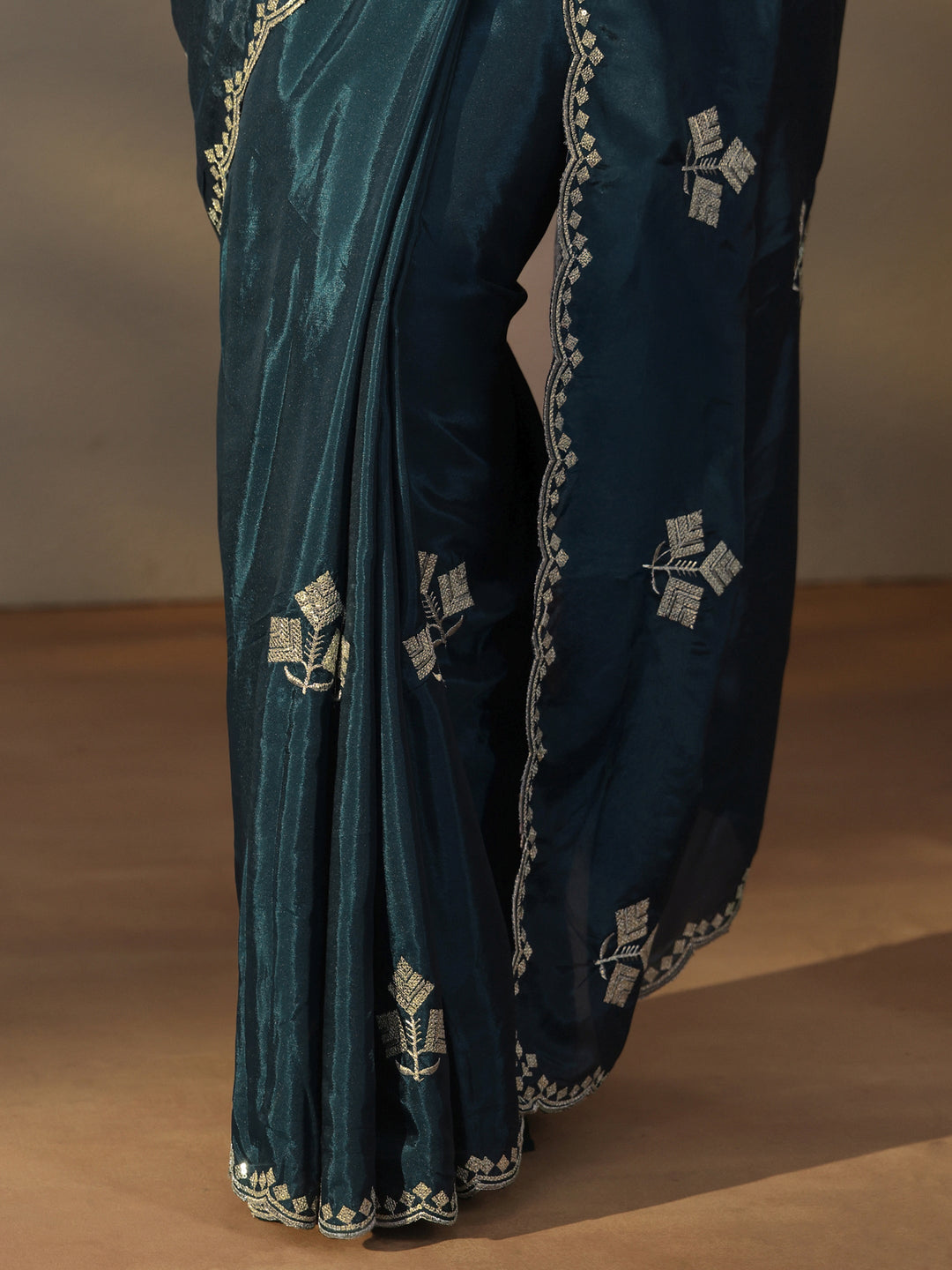 Libas Teal Blue Floral Embellished Satin Saree