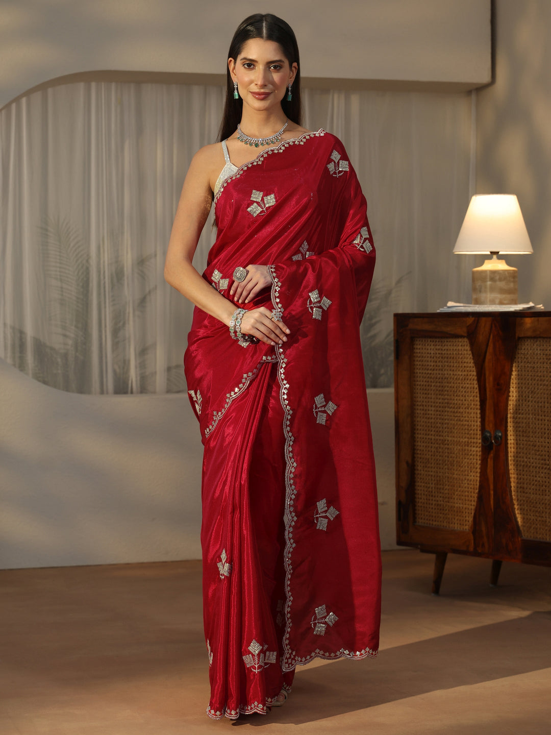 Libas Crimson Red Floral Embellished Satin Saree