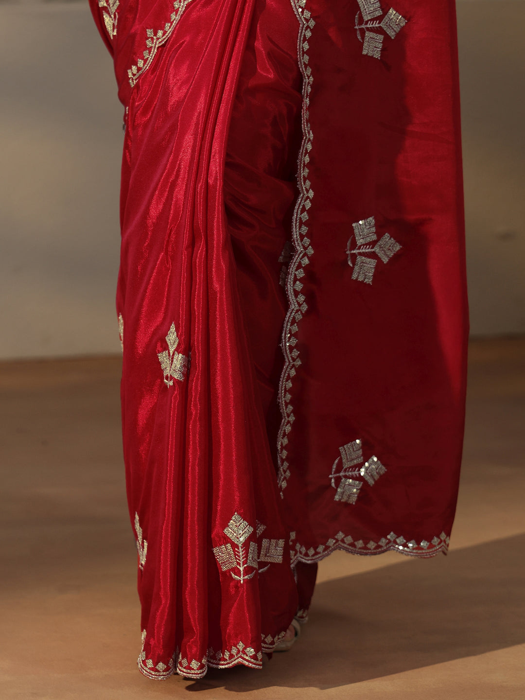 Libas Crimson Red Floral Embellished Satin Saree