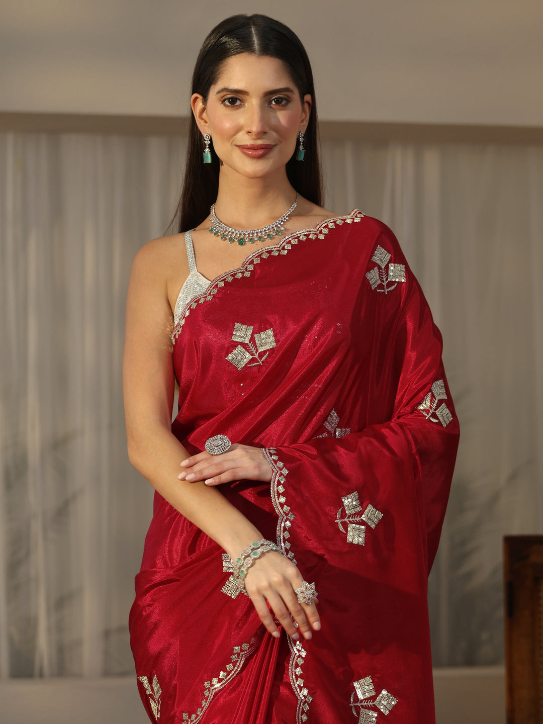 Libas Crimson Red Floral Embellished Satin Saree