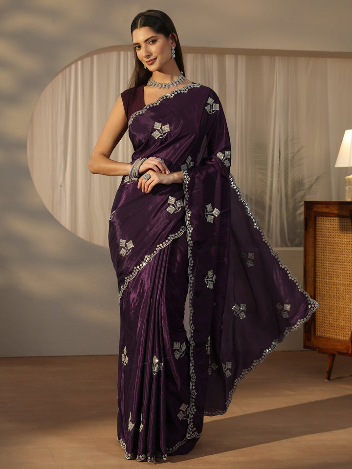 Libas Aubergine Purple Floral Embellished Satin Saree