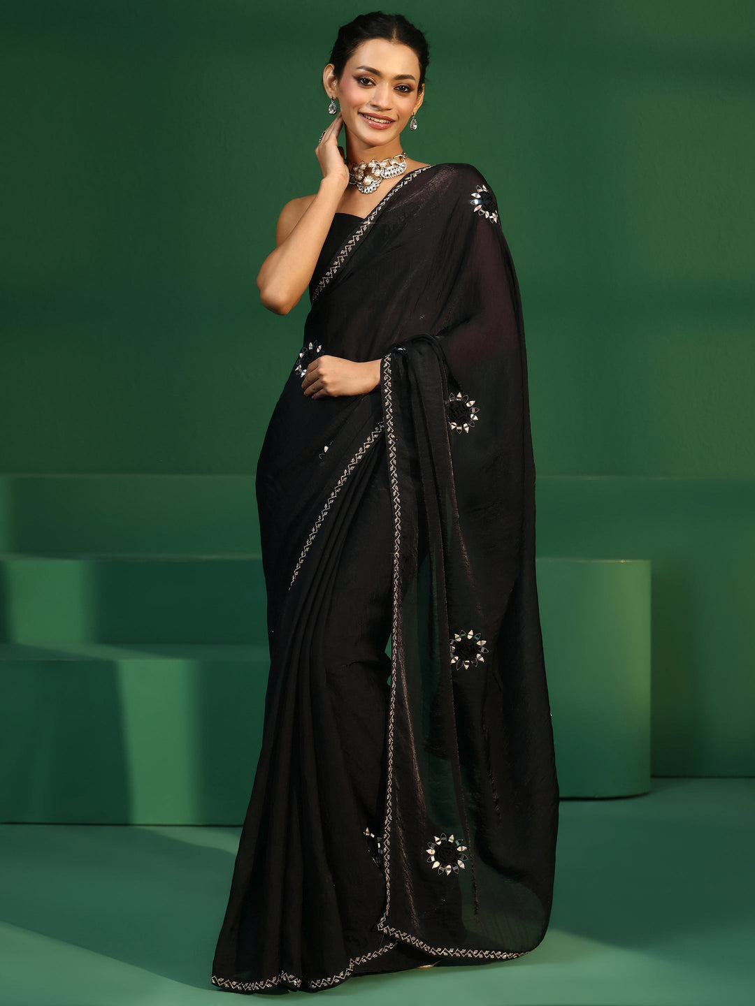 Libas Black Floral Mirror Work Embellished Tissue Saree