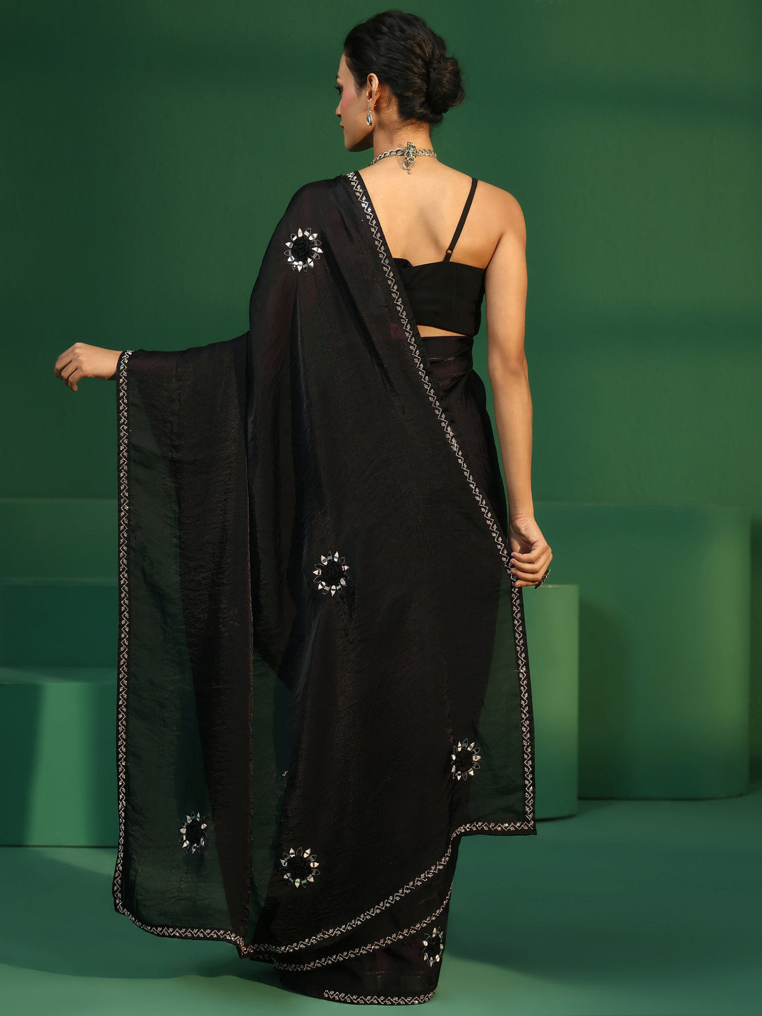 Libas Black Floral Mirror Work Embellished Tissue Saree