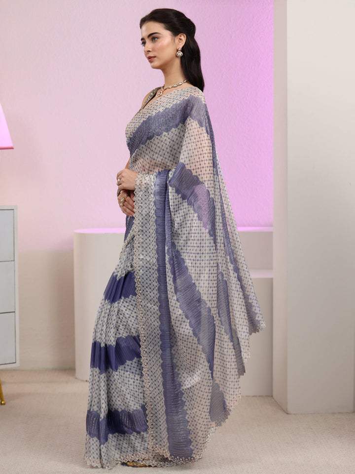 Libas Lavender Geometric Embellished Tissue Saree