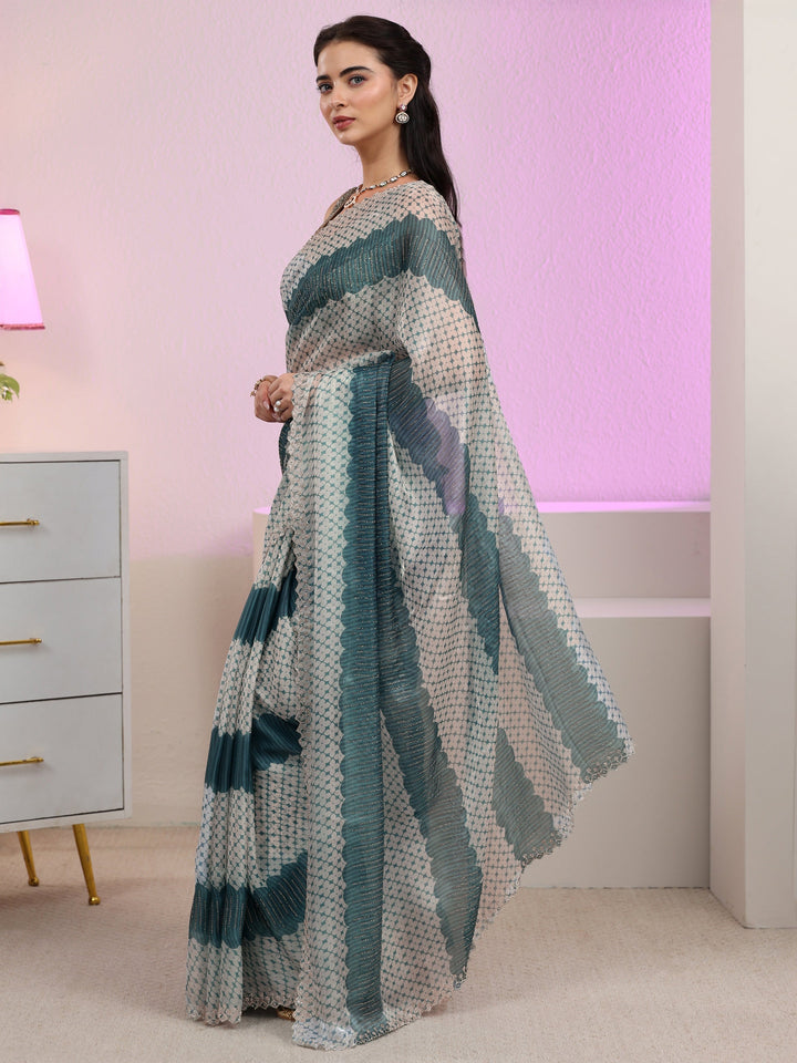 Libas Teal Blue Geometric Embellished Tissue Saree