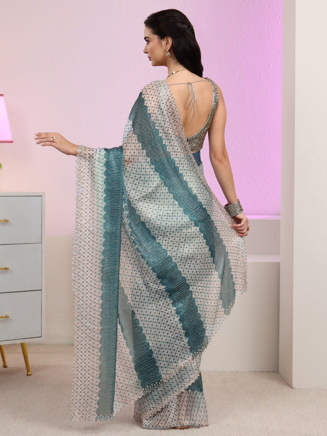 Libas Teal Blue Geometric Embellished Tissue Saree