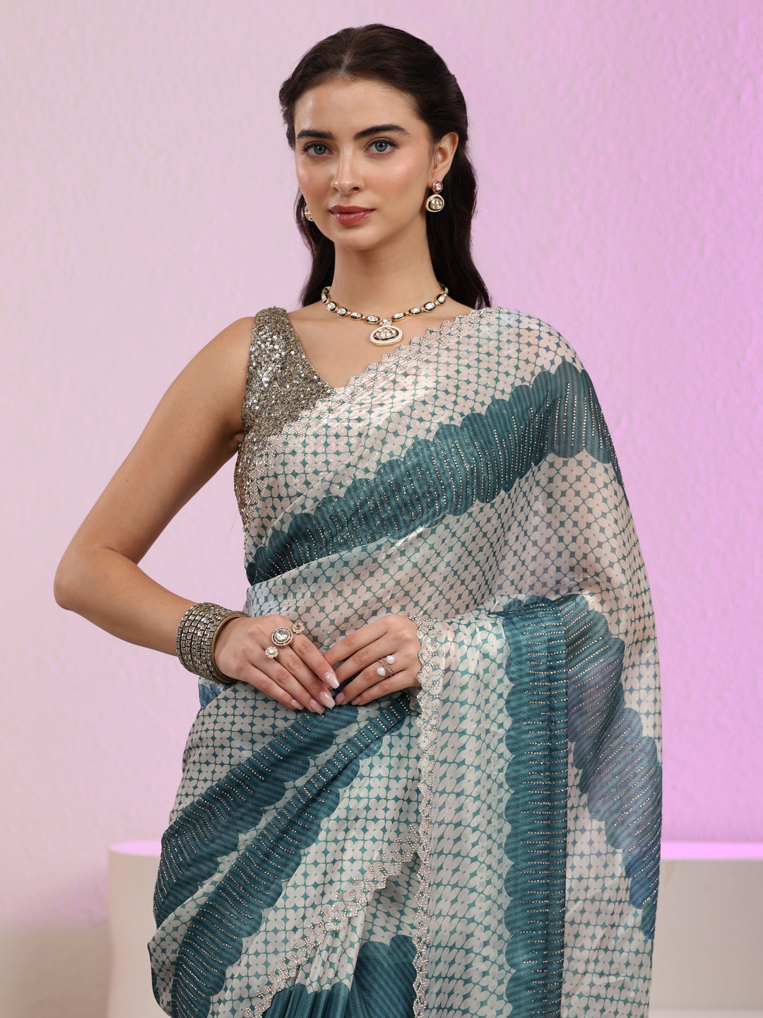 Libas Teal Blue Geometric Embellished Tissue Saree