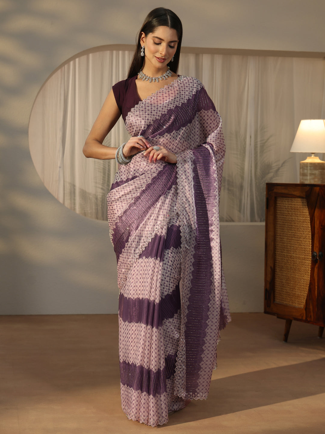 Libas Purple Geometric Stone Work Embellished Saree
