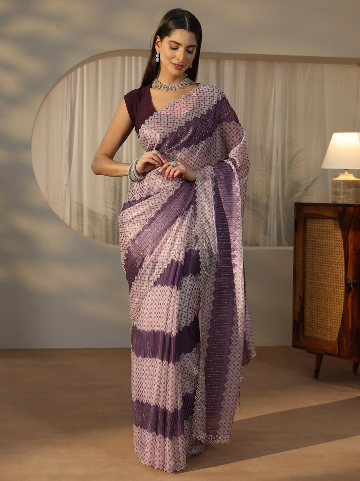 Libas Purple Geometric Stone Work Embellished Saree