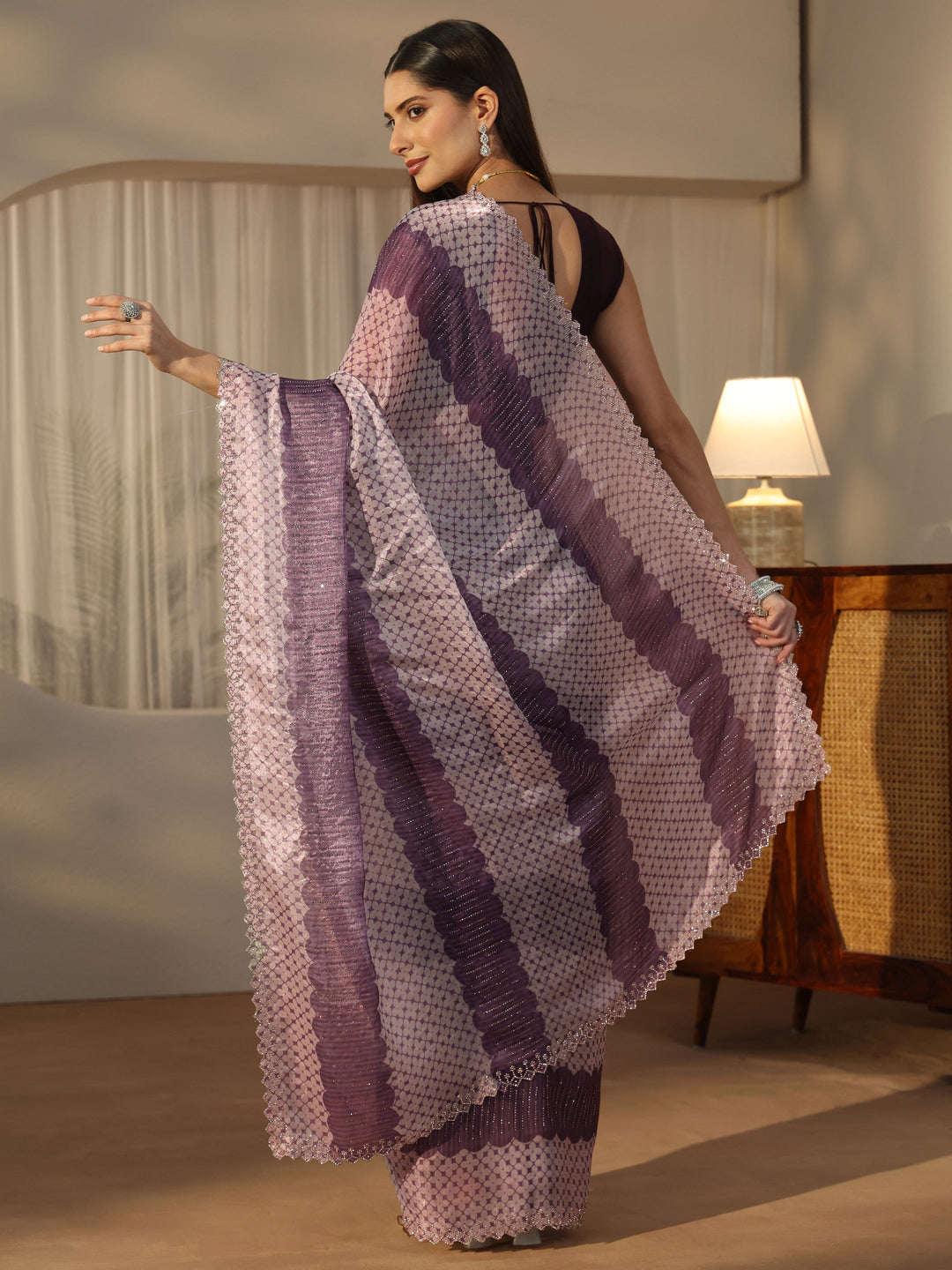 Libas Purple Geometric Stone Work Embellished Saree