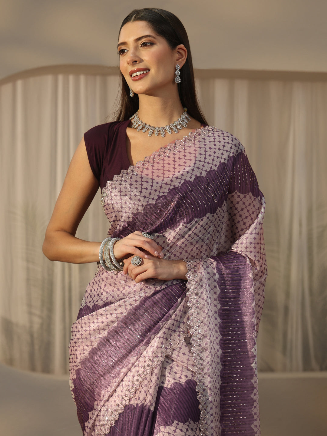 Libas Purple Geometric Stone Work Embellished Saree