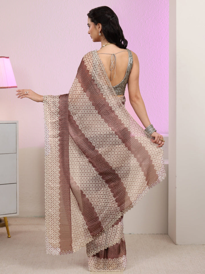 Libas Brown Geometric Embellished Tissue Saree