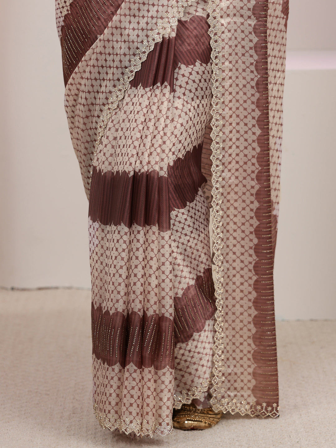 Libas Brown Geometric Embellished Tissue Saree