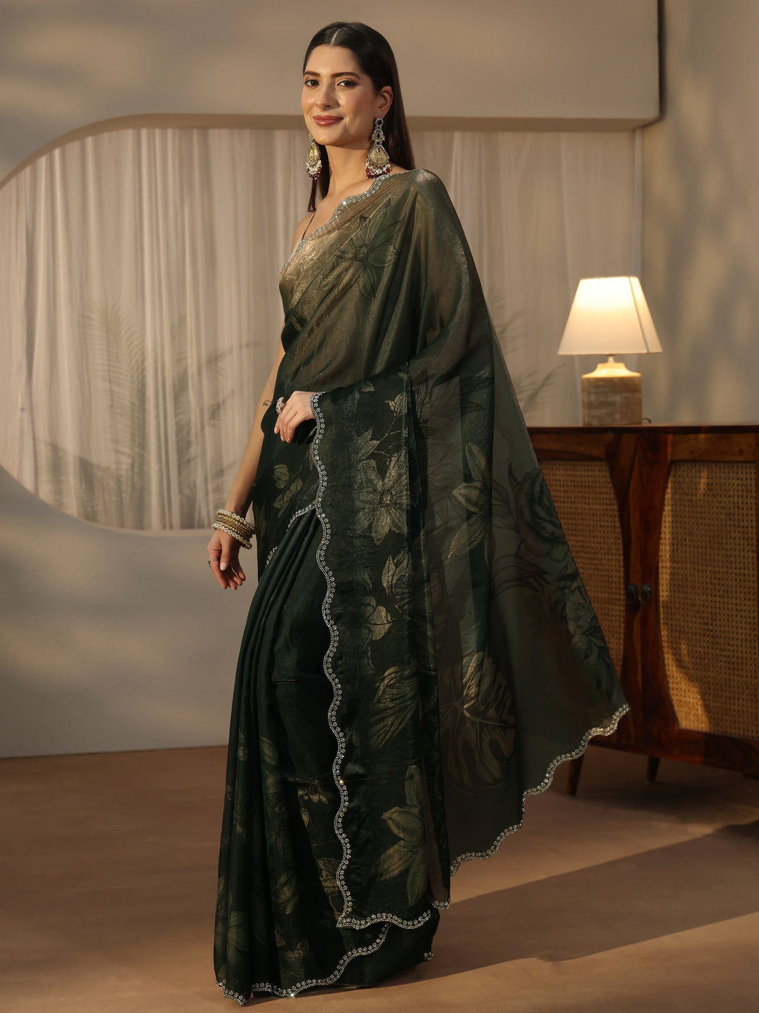 Libas Forest Green Floral Printed Tissue Saree with Embellished Border