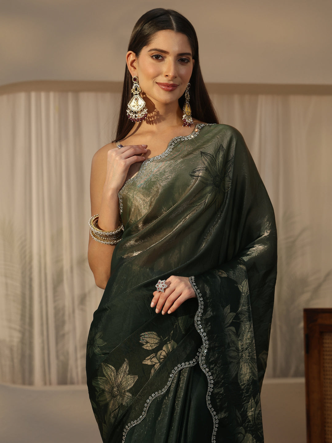 Libas Forest Green Floral Printed Tissue Saree with Embellished Border