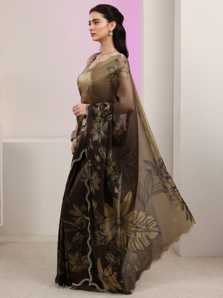 Libas Olive Green Floral Printed Tissue Saree with Scalloped Border