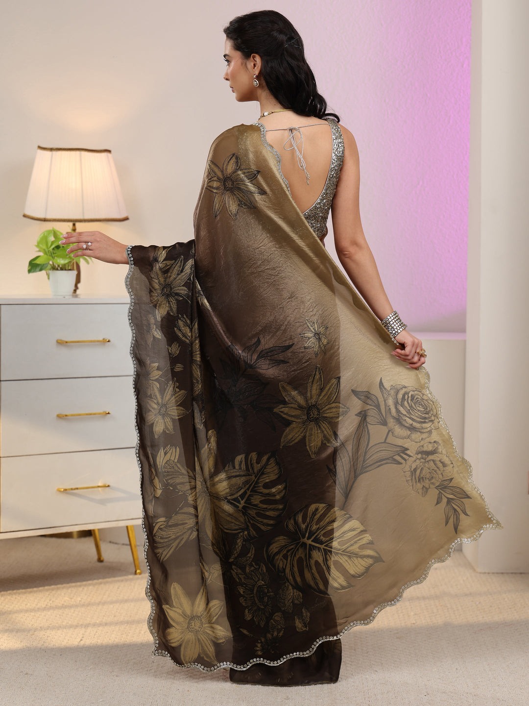 Libas Olive Green Floral Printed Tissue Saree with Scalloped Border