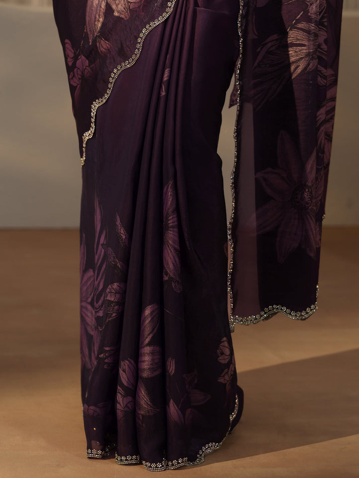 Libas Plum Purple Floral Printed Tissue Saree with Embellished Border