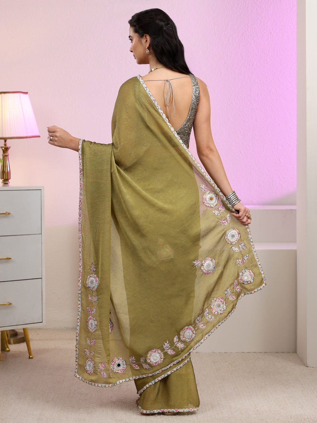 Libas Henna Green Silk Blend Saree with Applique Design