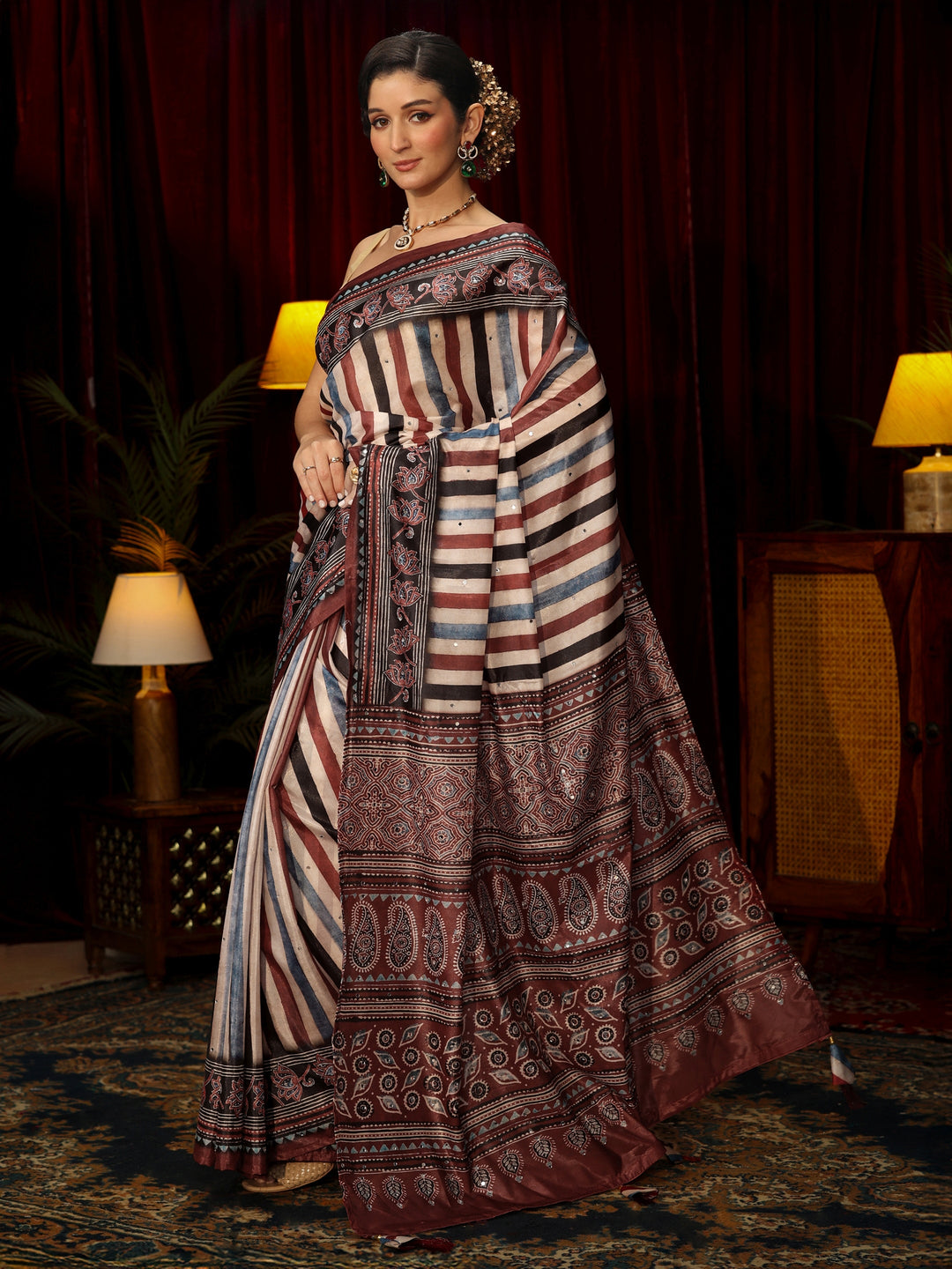Libas Maroon Striped Satin Saree with Ajrakh Pallu