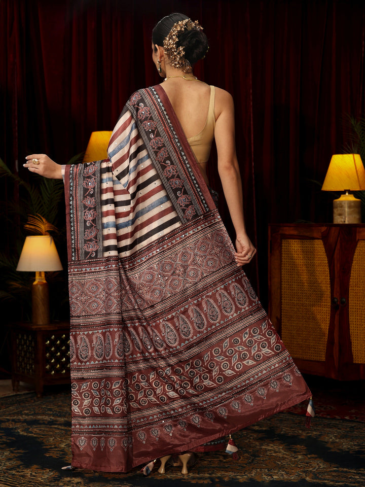 Libas Maroon Striped Satin Saree with Ajrakh Pallu