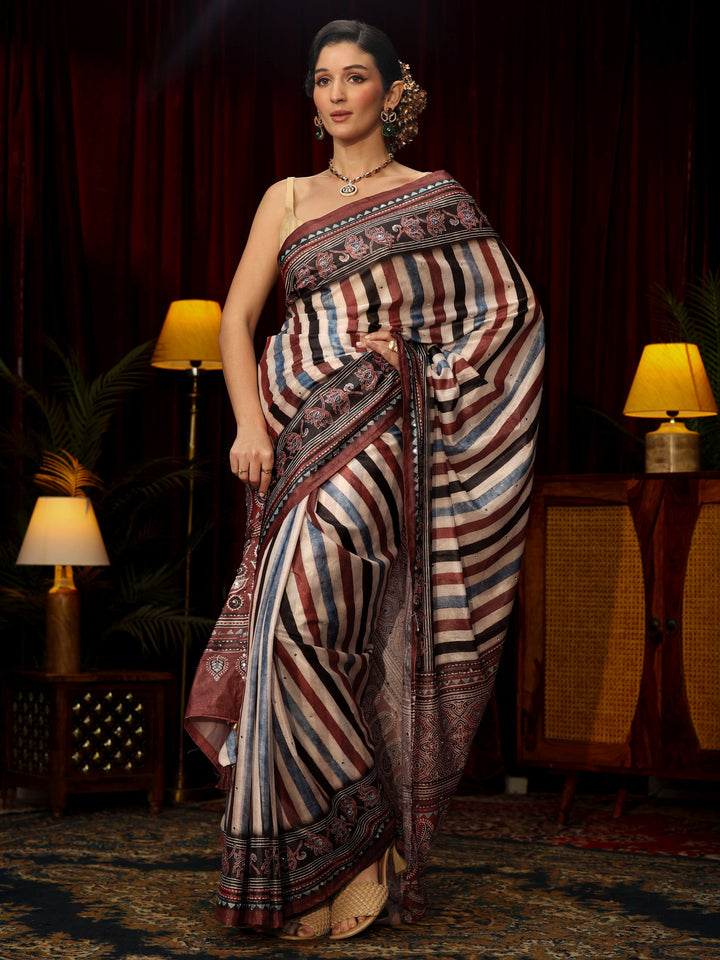 Libas Maroon Striped Satin Saree with Ajrakh Pallu