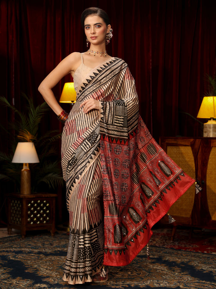 Libas Red Striped Satin Saree with Ajrakh Pallu
