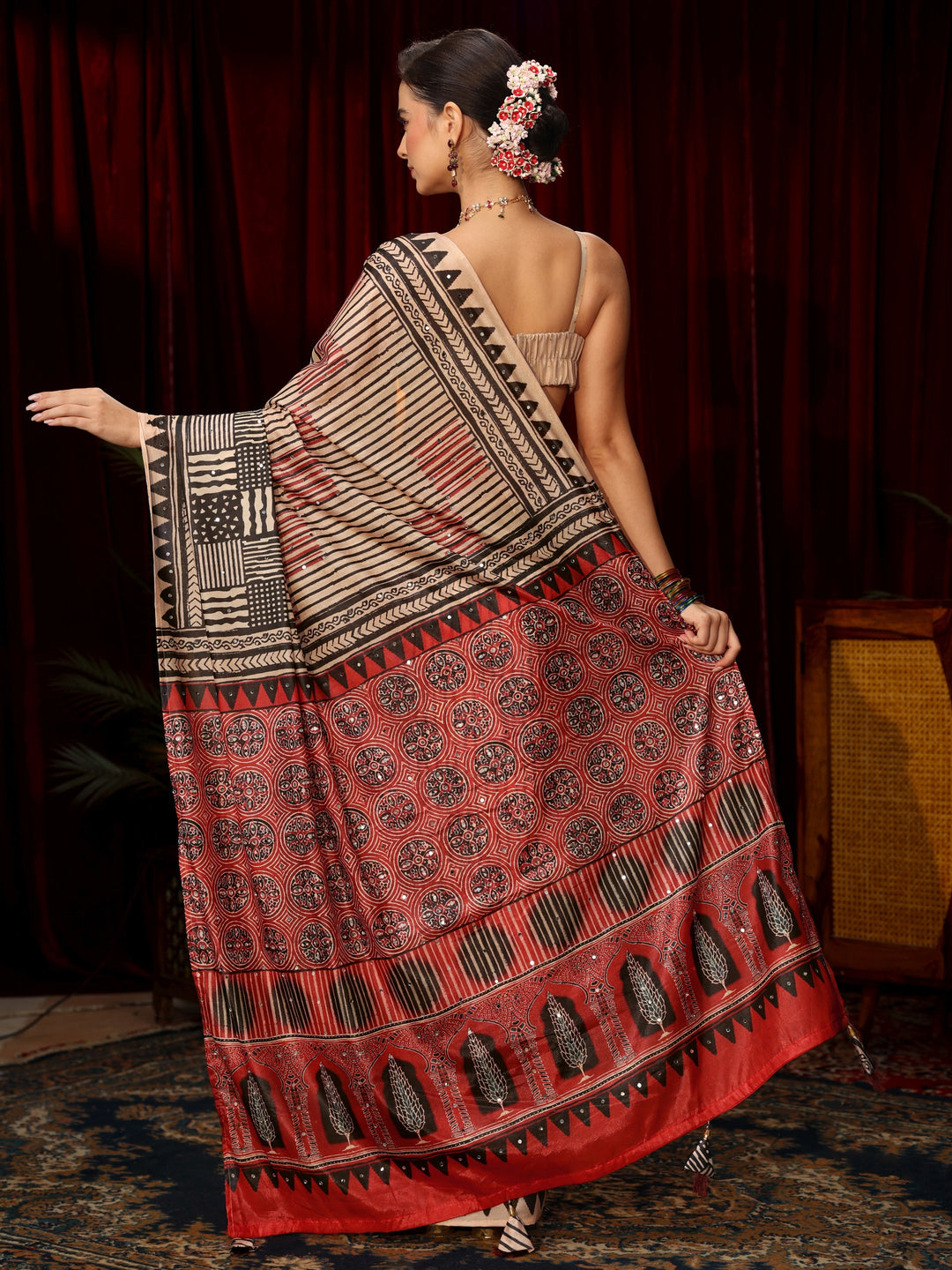 Libas Red Striped Satin Saree with Ajrakh Pallu