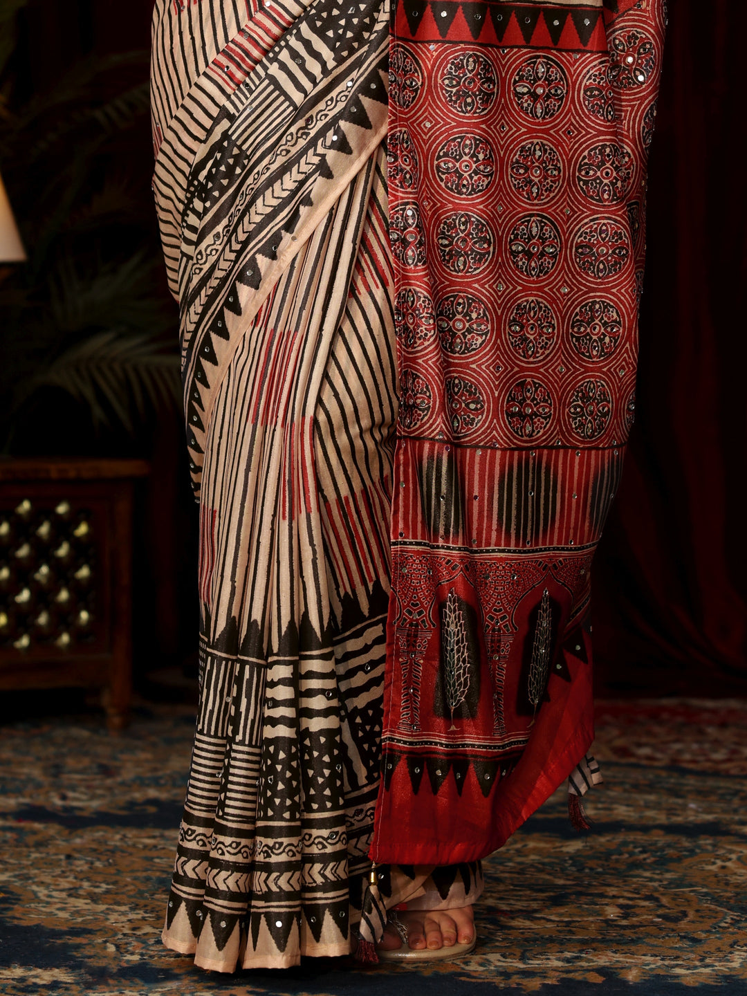 Libas Red Striped Satin Saree with Ajrakh Pallu