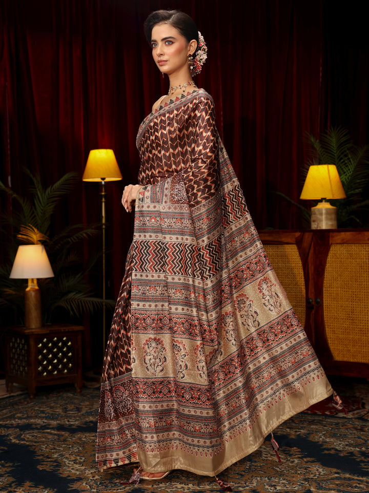 Libas Brown Multi Print Mirror Work Embellished Satin Saree